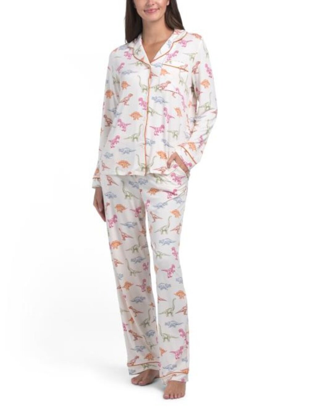 CHELSEA PEERS 2pc Recycled Dino Print Long Sleeve Top And Pants Pajama Set